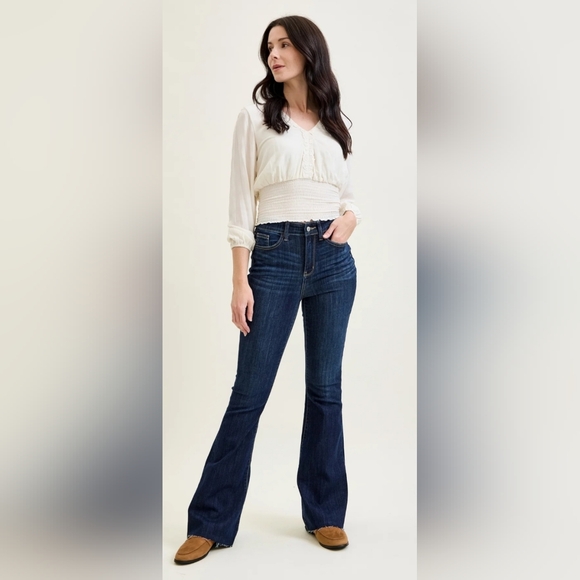 Judy Blue Denim - Judy Blue Lily High Rise Raw Hem Flare Dark Wash Jeans - Size 7/28